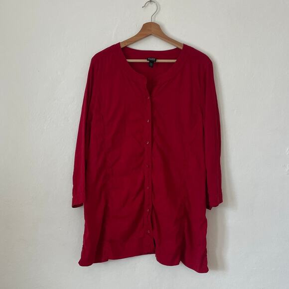 Eileen Fisher – Red Linen Blend Button-Front Tunic Top - Picture 1 of 8
